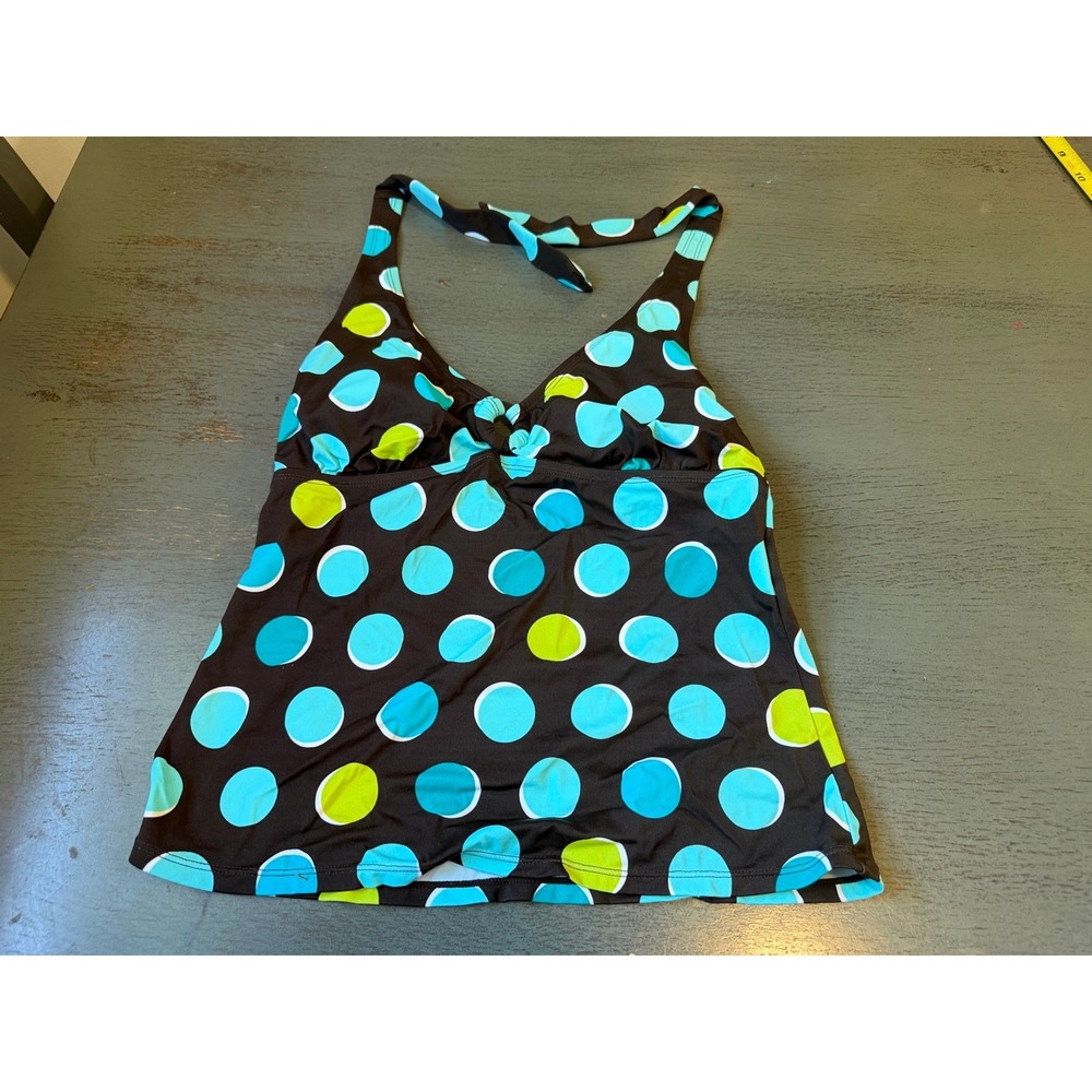 Jantzen Classics Brown Polka Dot Halter Tankini Top Turquoise Lime Green Size 8